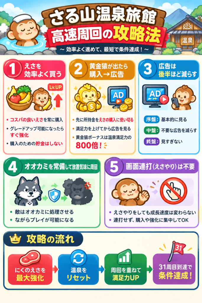 さる山温泉旅館の高速周回攻略法をまとめた図解。コスパの良いえさを常に購入してグレードアップする、購入のために貯金せず温泉満足力を上げ続ける、黄金猿が出現したら所持金をえさの購入に使い切ってから広告を視聴する、黄金猿のボーナスは温泉満足力の800倍、広告は序盤を中心に活用して中盤以降は不要な広告を減らす、終盤は広告を見すぎない、オオカミを常にストックして敵を自動で追い払わせる、画面を連打してえさやりをする必要はない、といった攻略ポイントを4項目に分けて紹介している。最後に「にくのえさ」を最大まで強化して温泉をリセットし、周回を重ねるほど温泉満足力のボーナスが増加して、31周目到達を目指す攻略の流れを図解している。