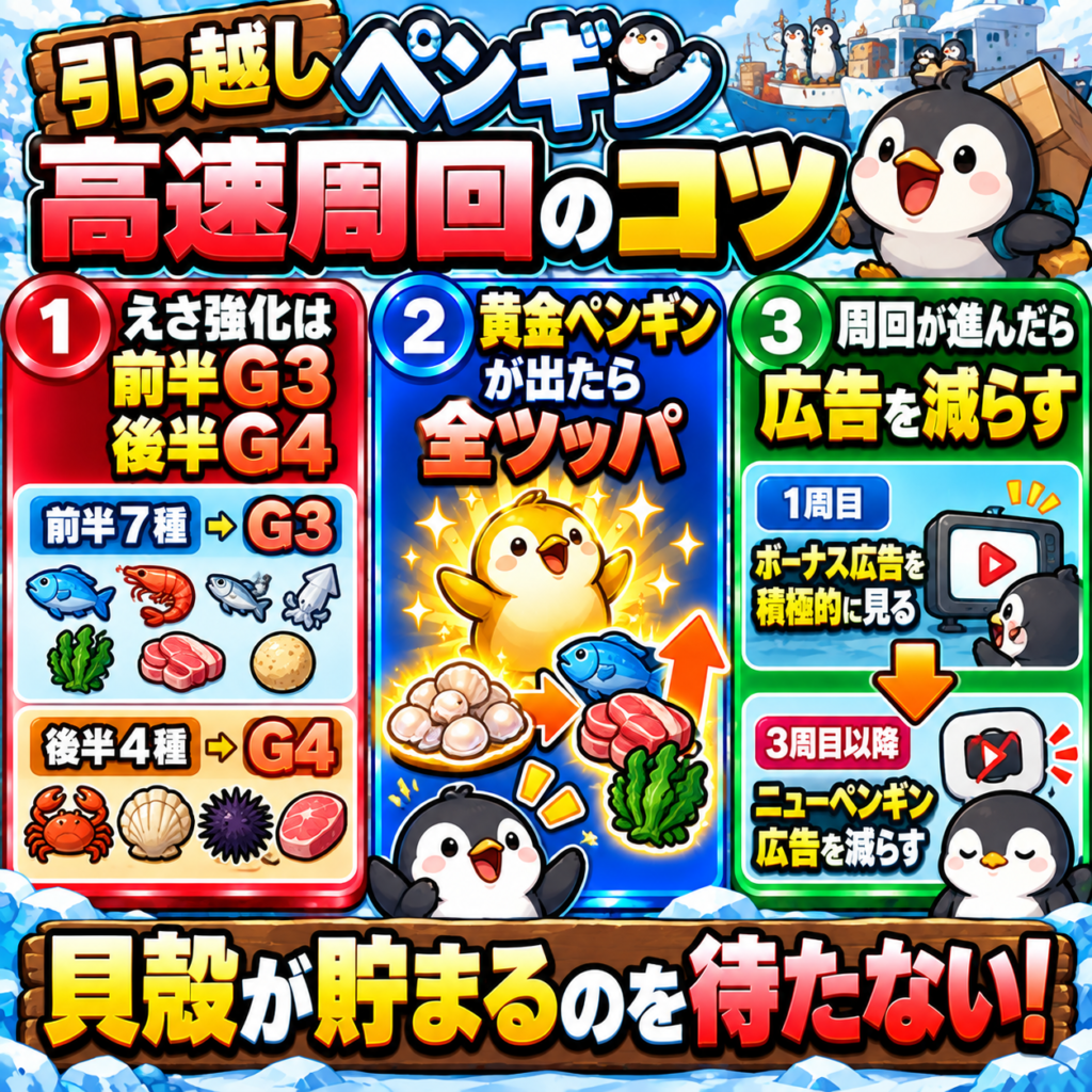 引っ越しペンギンを高速周回するための重要ポイントを3つに絞った図解。えさ強化は前半7種をグレード3、後半4種をグレード4まで進める。黄金ペンギンが出現したら、手持ちの貝殻をコスパの良いえさに使って南極生産力を高めてから報酬を回収する。周回が進むほど広告視聴を減らし、貝殻が貯まるのを待たずに常にえさ購入へ回す。