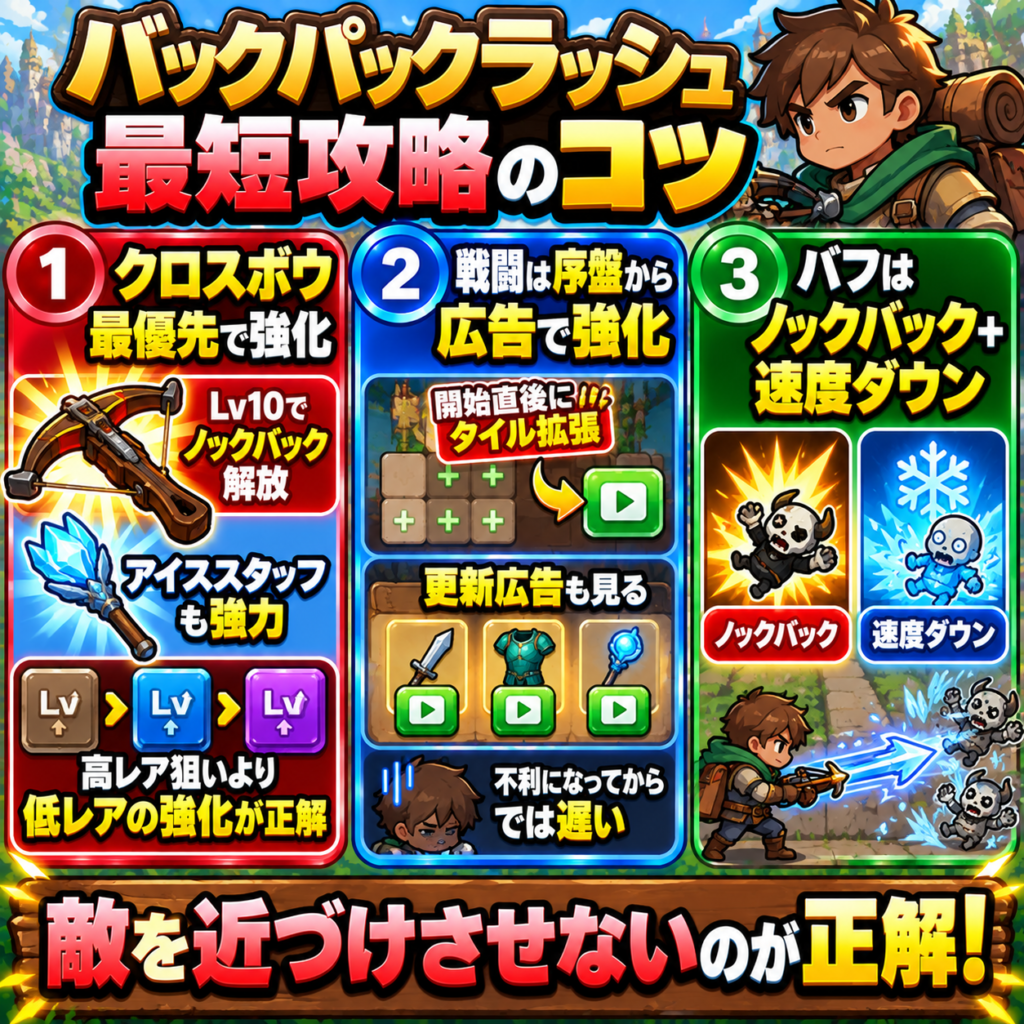 バックパックラッシュの最短攻略で重要な3点をまとめた図解。クロスボウを最優先で強化し、アイススタッフも組み合わせて敵を近づけにくくする。戦闘では不利になってからではなく序盤から広告でタイル拡張や更新を行い、敗北による大きなタイムロスを防ぐ。バフはノックバックと敵の速度ダウンを優先して取得する。
