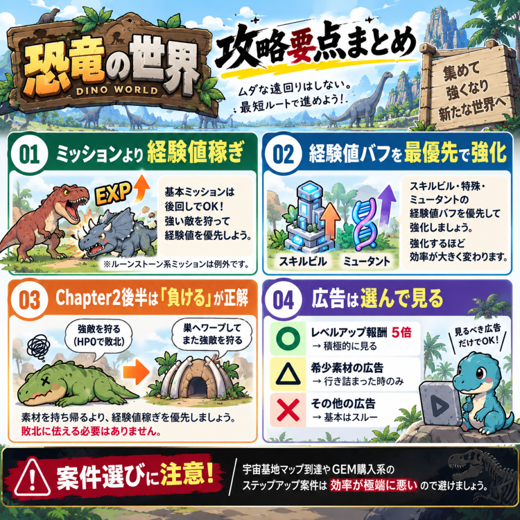 「恐竜の世界」のポイ活攻略で、効率よく条件達成を目指すための重要ポイントをまとめた図解。攻略の要点は4つ。1つ目は基本ミッションを後回しにして、強い敵を狩りながら経験値稼ぎを最優先すること。ただし、ルーンストーン系のミッションは例外。2つ目はスキルビル・特殊・ミュータントにある経験値バフを優先して強化し、獲得経験値を増やすこと。3つ目はChapter2後半では素材を巣まで持ち帰ることにこだわらず、強い敵を狩ってHPが0になったら敗北して巣へ戻り、再び強敵を狩る流れを繰り返して経験値稼ぎを優先すること。敗北に怯える必要はない。4つ目は広告を選んで視聴し、レベルアップ報酬5倍の広告は積極的に利用、希少素材がもらえる広告は行き詰まった場合のみ利用し、それ以外の広告は基本的にスルーすること。また、案件選びにも注意が必要で、宇宙基地マップ到達やGEM購入系のステップアップ案件は効率が極端に悪いため避けることを推奨している。