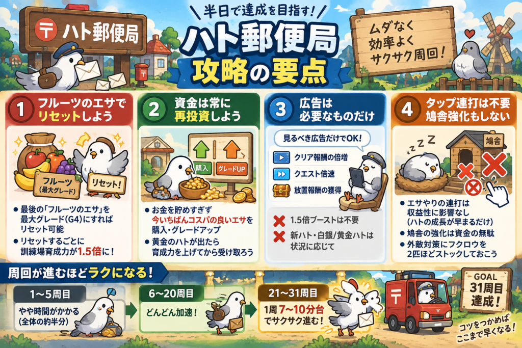 「ハト郵便局」のポイ活案件を効率よく高速周回するための攻略ポイントをまとめた図解。重要なポイントは4つ。1つ目は、最後の「フルーツのエサ」を最大グレード（G4）まで上げれば訓練場をリセットできるため、すべてのエサを最大グレードまで強化する必要はないこと。リセットするたびに訓練場育成力へ1.5倍の倍率が上乗せされ、周回が進むほど攻略速度が上がる。2つ目は、お金を貯めたまま待つのではなく、その時点でもっともコスパの良いエサの購入やグレードアップへ資金を再投資し続けること。黄金のハトが出現した場合は、可能な限り育成力を高めてからボーナスを受け取る。3つ目は、広告をすべて見るのではなく必要なものだけ選ぶこと。1.5倍ブーストは基本的に不要で、新ハト・白銀のハト・黄金のハトの広告は周回状況や停滞具合に応じて判断する。4つ目は、画面のタップ連打によるエサやりや鳩舎の強化は不要であること。エサやりによってハトの成長速度は上がるものの収益性には影響せず、鳩舎の強化も資金効率が悪いため行わない。外敵対策としてフクロウを2匹程度ストックしておく。図の下部では、序盤の1～5周目は時間がかかるものの、6～20周目から徐々に加速し、21～31周目では1周7～10分台まで短縮できるという、リセットを重ねるほど周回が楽になる流れを示している。