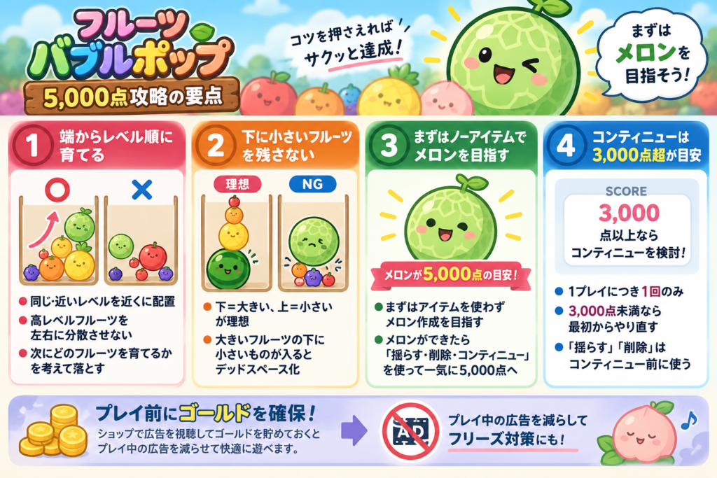 フルーツバブルポップのポイ活案件を実測攻略。5,000点到達を目指す方向けに、フルーツを端からレベル順に育てる配置のコツ、小さいフルーツを下に残さない方法、コンティニューを使う目安、箱を揺らす・フルーツ削除機能の使いどころを詳しく解説します。筆者は30分弱で条件達成。まずはノーアイテム・ノーコンティニューでメロン作成を目指し、3,000点を超えたらコンティニューを検討。広告視聴後のフリーズを避けるため、事前にゴールドを貯めておく方法も紹介しています。