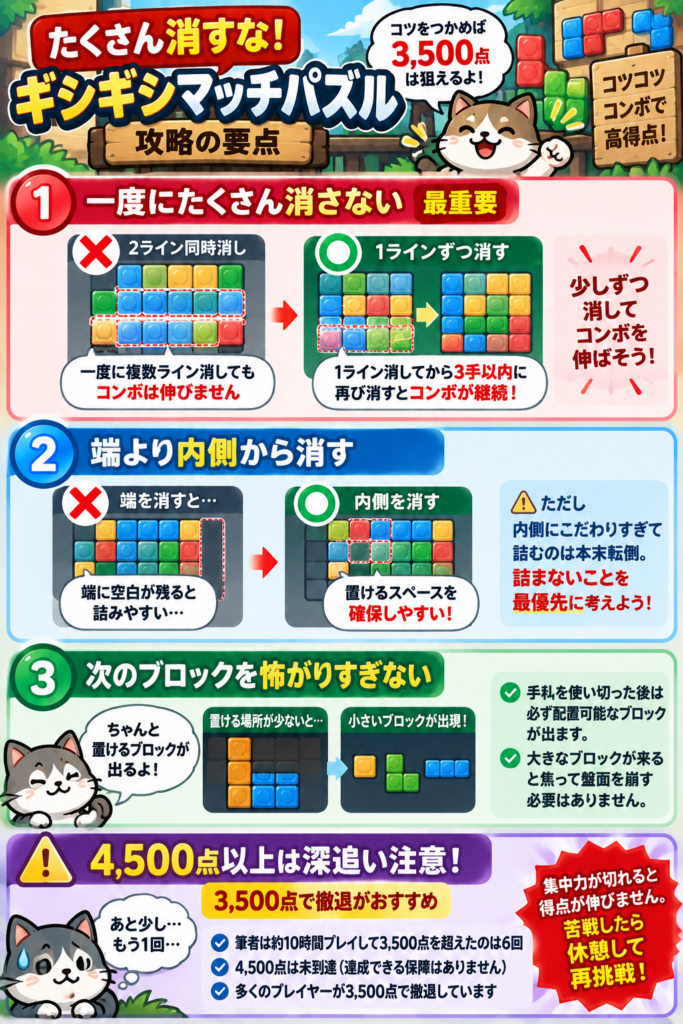 ギシギシマッチパズルで3,500点を目指す攻略要点の図解。複数ラインを一度に消すより1ラインずつ消し、ライン消去から3手以内に再び消してコンボを継続する。端に空白を残すと詰みやすいため、可能なら内側から消して配置スペースを確保。手札を使い切った後は配置可能なブロックが出るため焦る必要はない。筆者は約10時間の検証で3,500点を6回突破した一方、4,500点は未到達のため深追いには注意する。
