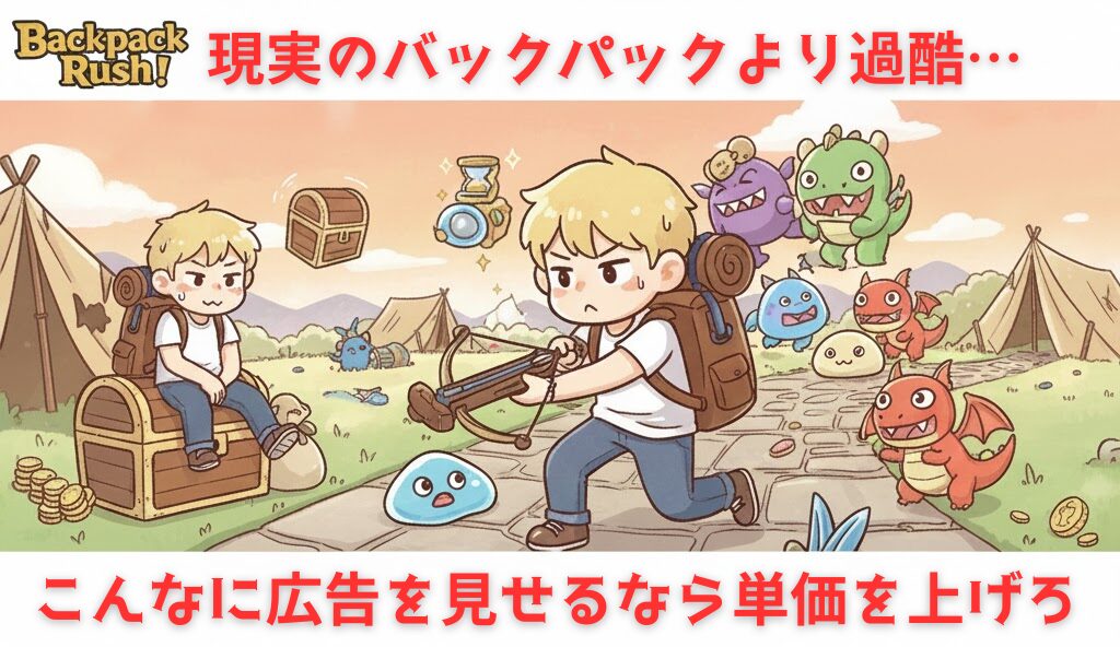 現実のバックパックより過酷、こんなに広告を見せるなら単価を上げろという文字が入ったバックパックラッシュ（バッグボーイ）の攻略サムネイル画像