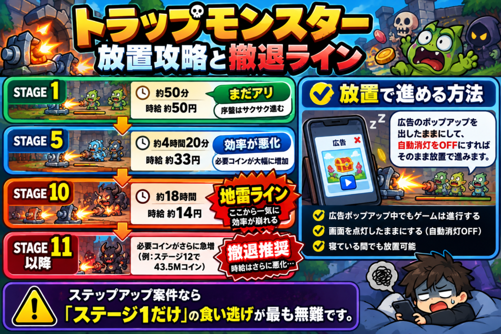 トラップモンスターの放置攻略と撤退ラインをまとめた図解。広告ポップアップを表示したまま端末の自動消灯をOFFにすると、ゲームを起動したまま放置で進行できる。実測ではSTAGE1が約50分、STAGE5が累計4時間20分、STAGE10が累計18時間で時給約14円まで低下し、STAGE11以降は必要コインがさらに急増するため撤退推奨。ステップアップ案件ならSTAGE1だけ回収して終了するのが最も無難。