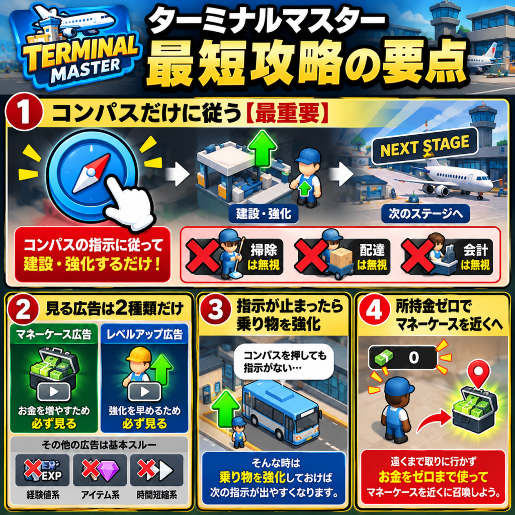 ターミナルマスターの最短攻略法をまとめた図解。掃除・配達・会計などの指示は無視し、画面右下のコンパスに従って指定された設備だけを建設・強化する。見る広告はマネーケースとレベルアップ時の2種類に絞り、指示が止まったら乗り物を強化。所持金がゼロになるとマネーケースが近くに出やすいため、移動時間の短縮にも活用する。