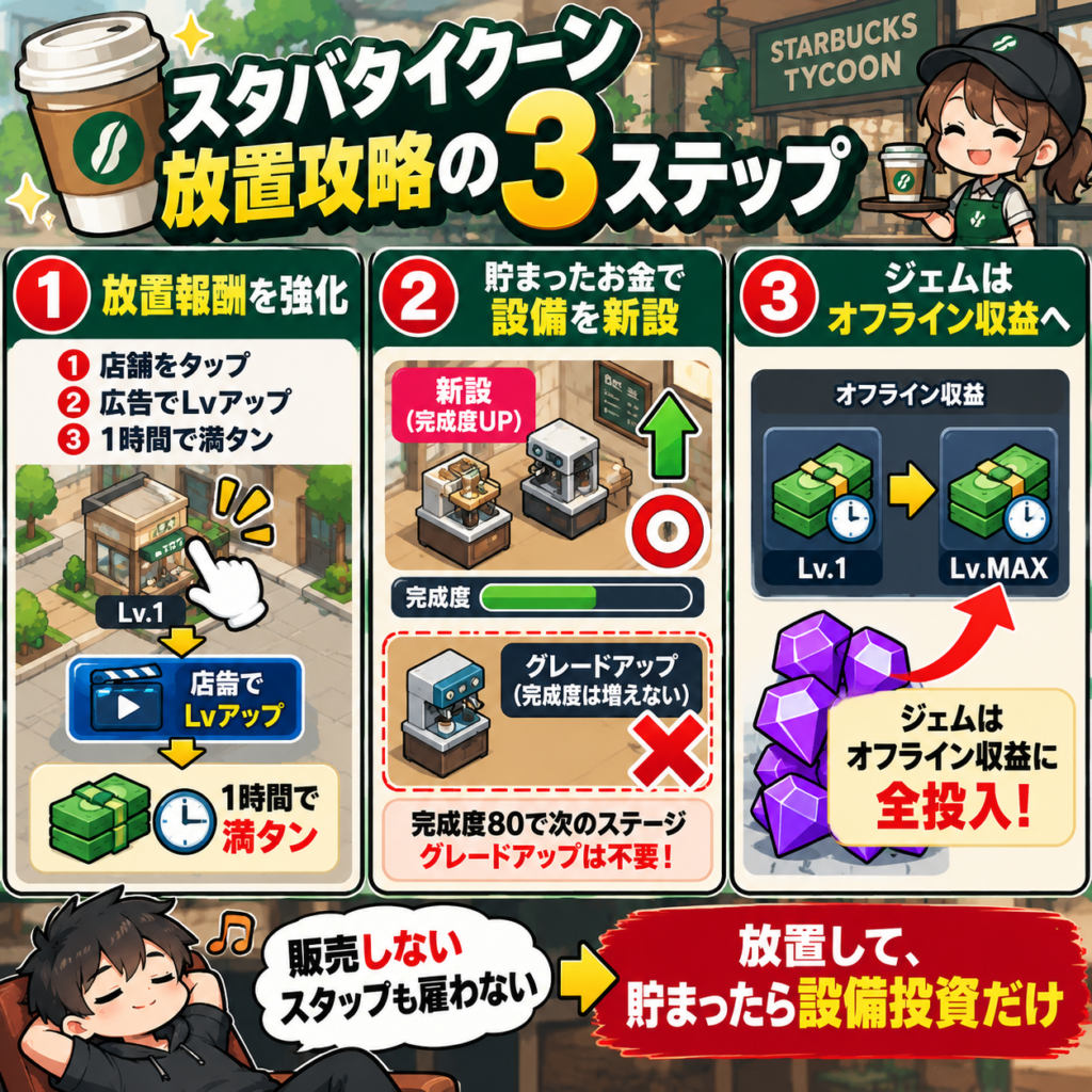 スタバタイクーンの放置攻略法を3ステップでまとめた図解。店舗の放置報酬を広告で強化し、貯まったお金は設備のグレードアップではなく新設に使用して完成度80を目指す。ジェムはオフライン収益バフに全投入し、販売やスタッフ雇用は行わず「放置して、貯まったら設備投資だけ」で進める。