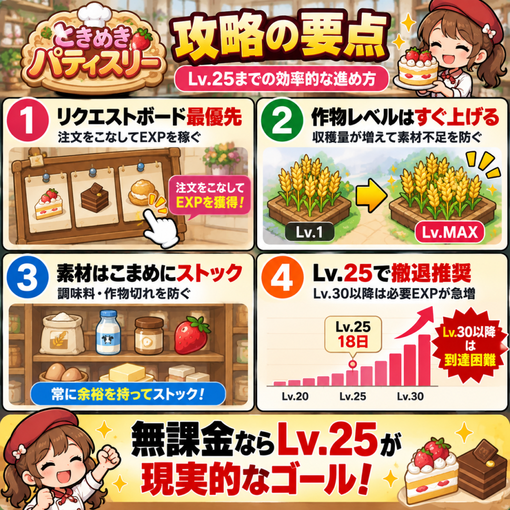 ときめきパティスリーのLv.25までの効率的な進め方をまとめた図解。リクエストボードの注文対応を最優先にして経験値を稼ぎ、作物レベルはすぐ上げて収穫量を増やす。調味料や作物などの素材はこまめにストックし、無課金では必要経験値が急増するLv.30以降を狙わず、Lv.25で撤退するのが現実的な攻略方針。
