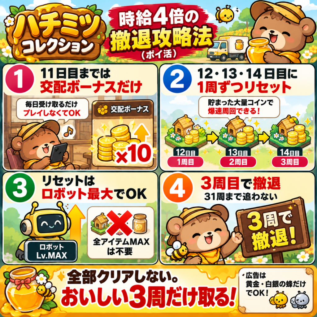 ハチミツコレクションの3周目撤退攻略法をまとめた図解。11日目までは交配ボーナスだけ受け取り、12・13・14日目に1周ずつリセットして大量コインで高速周回する。リセット条件はロボット最大で十分で、全アイテムMAXは不要。31周まで追わず3周目で撤退し、広告は黄金・白銀の蜂だけに絞る。