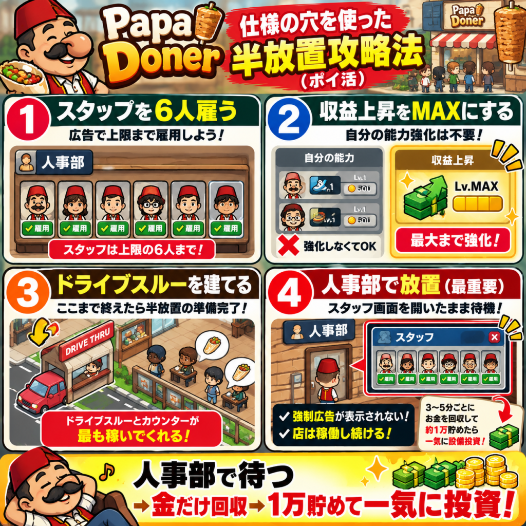 Papa Donerの半放置攻略法をまとめた図解。各ステージでスタッフを6人まで雇用し、収益上昇を最大まで強化。ドライブスルー建設後は人事部のスタッフ画面を開いたまま放置すると、強制広告を避けながら店の稼働を継続できる。3〜5分ごとにお金を回収し、約1万マネー貯めてから設備へ一気に投資する。