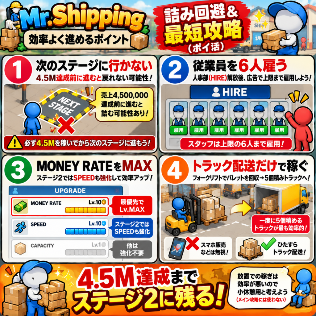 Mr.Shippingの詰み回避と最短攻略をまとめた図解。売上4,500,000達成前に次ステージへ進まず、HIRE解放後は従業員を6人雇用。MONEY RATEを最大まで上げ、ステージ2ではSPEEDも強化する。収益はフォークリフトでパレットを回収し、5個積みトラックへの配送を優先。4.5M達成まではステージ2に残る。