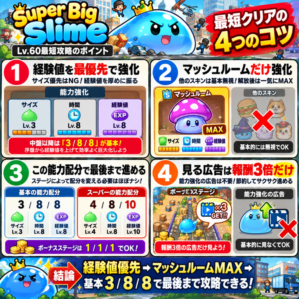 Super Big Slime（超巨大スライム）のLv.60最短攻略をまとめた図解。序盤はサイズより経験値を優先し、スキンはマッシュルームだけを強化。解放後は最大レベルまで上げ、中盤以降の能力配分は基本「サイズ3・時間8・経験値8」、スーパーは「4・8・10」、ボーナスステージは「1・1・1」。広告はステージ終了時の報酬3倍だけを優先する。