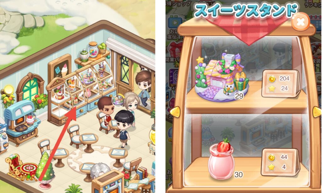 ときめきパティスリーのお店のスイーツスタンド画面。作成したスイーツや取引で獲得したスイーツを販売でき、ゴールドと経験値を得られる。リクエストボード優先のため、余ったスイーツのみ販売するのがおすすめ。 