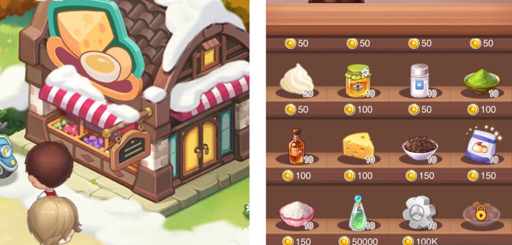 ときめきパティスリーのお店画面のスクリーンショット。調味料や素材が販売されており、こまめに購入してストックを確保することでリクエストボードのミッションを効率よく進められることを示す。高価な商品（緑のベーキングエッセンス等）は不要。 