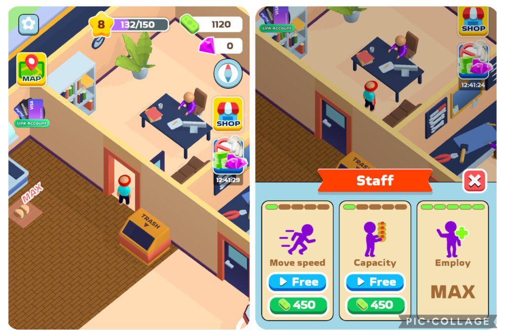 Papa Donerの人事部画面｜ステージ開始後にスタッフを雇用し、移動速度や持ち運び量を強化する操作を示す