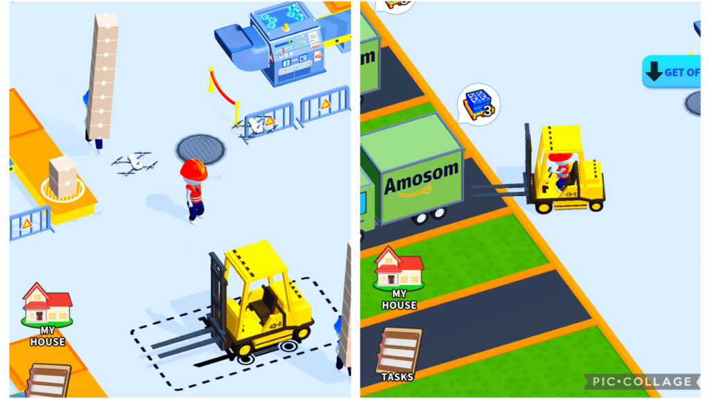 Mr.Shippingの配送センター画面。倉庫内で荷物を運び、トラックで配送して売上を伸ばすゲーム画面