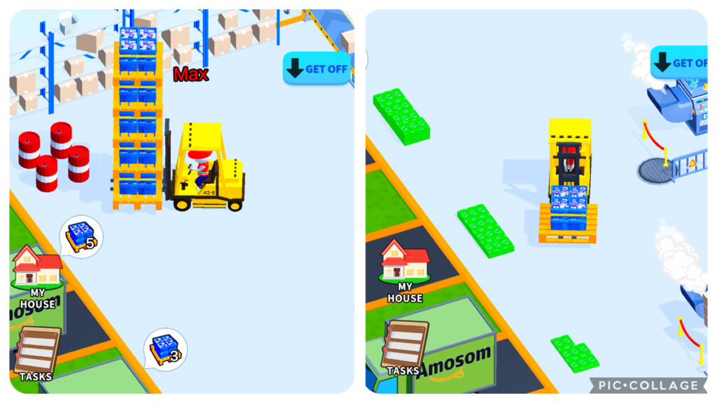 Mr.Shippingのトラック配送画面。フォークリフトでパレットを回収し、トラックに積み込んで高効率で稼ぐ様子