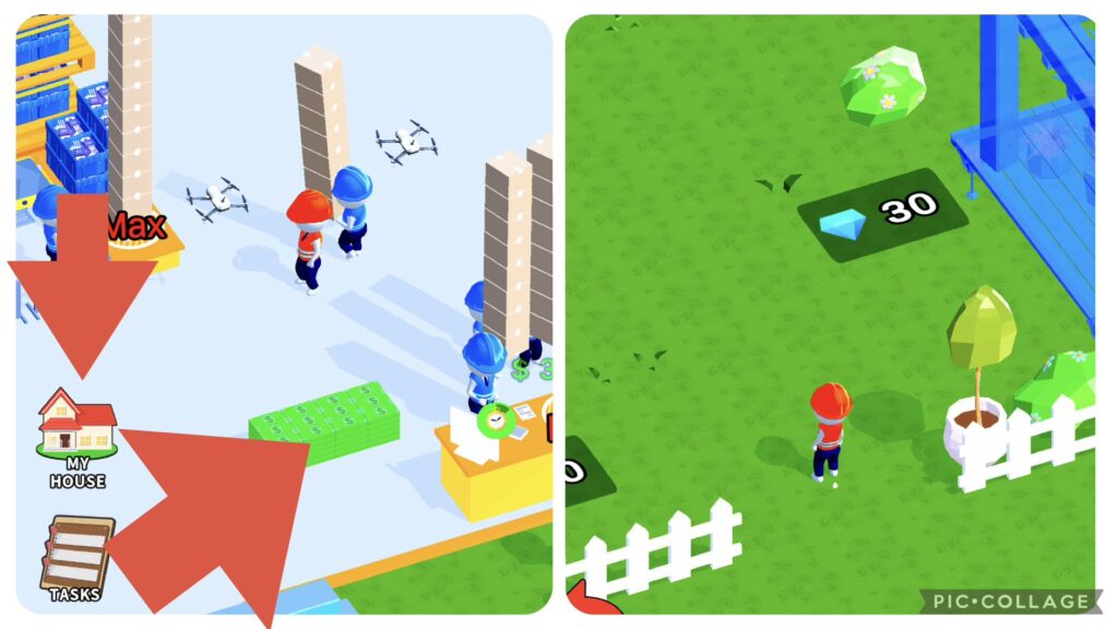 Mr.Shippingの自動収益ポイント。従業員が自動でお金を稼ぐ場所に立ち、MY HOUSEに移動して広告なしで放置収益を得る画面