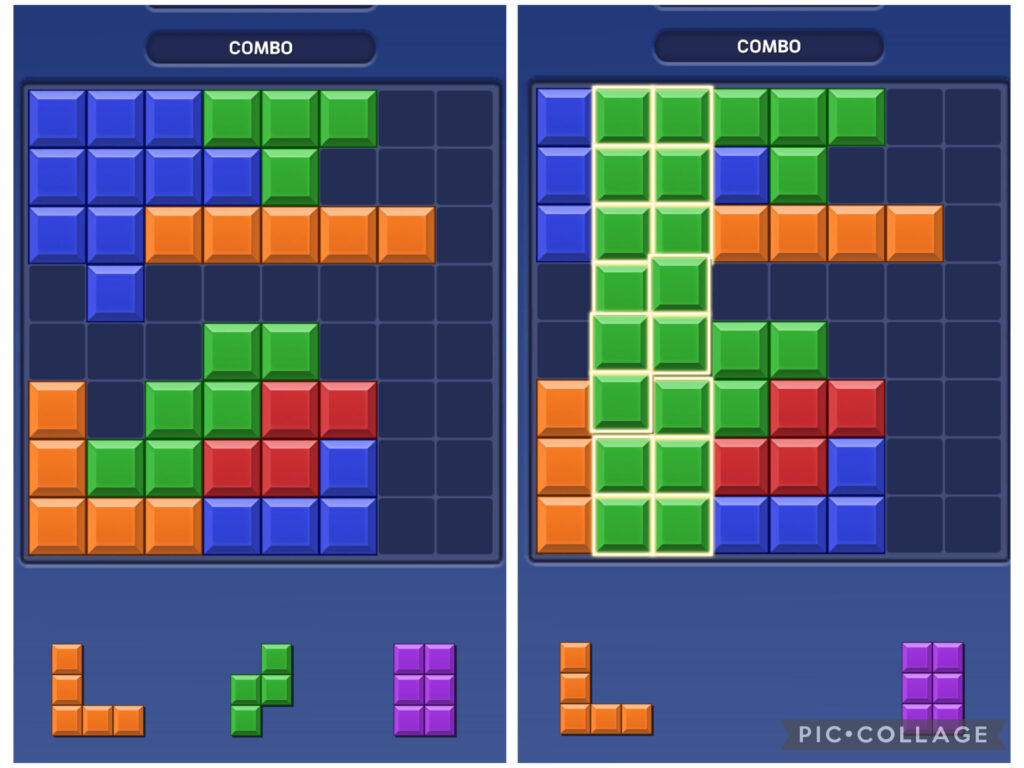 マッチコンボ クラシックモードのゲーム画面。8×8マスのボードにブロックが配置され、手札が3個表示されている様子。 