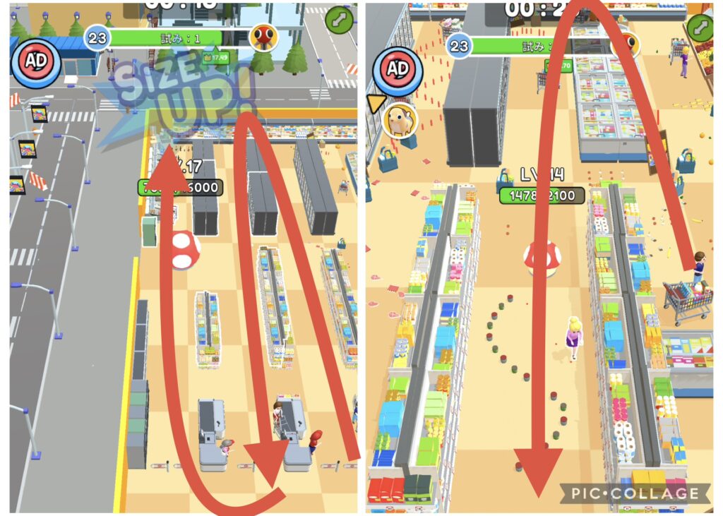 スーパー（お店）ステージでのスライムの攻略ルートを示す画面。スタート付近のオブジェクト回収と上方へのウネウネ移動の流れが表示されている。