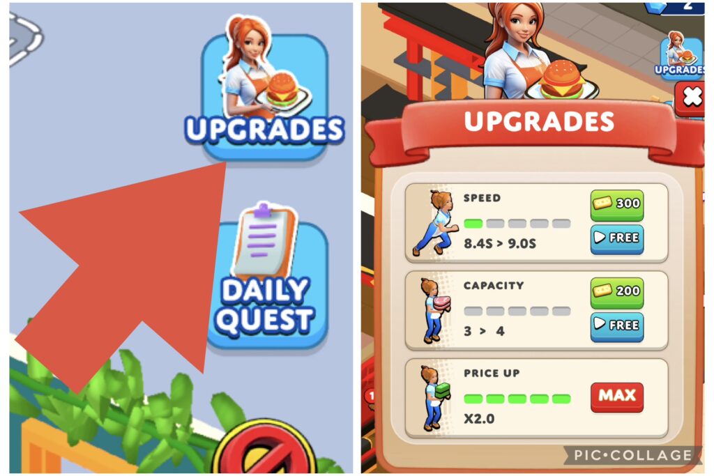 UPGRADES で各種能力を強化する画面。収益上昇以外の強化は不要。