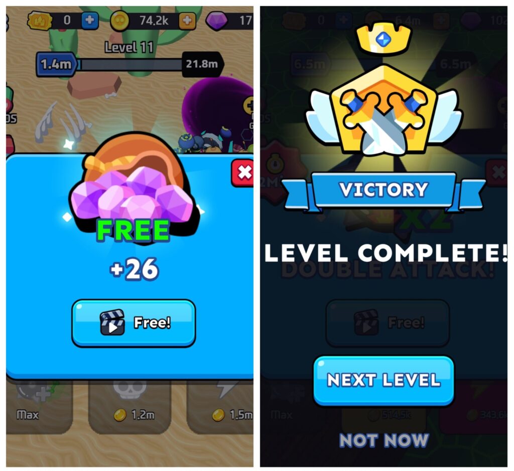 トラップモンスターの広告ポップアップを活用した放置方法。ポップアップ表示中もゲームが進行する様子