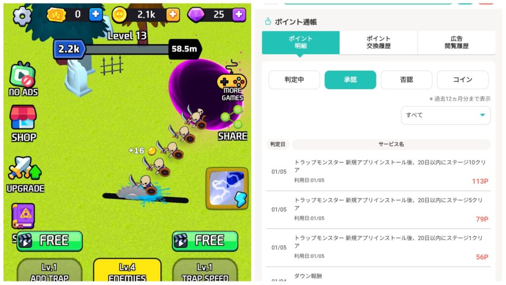 トラップモンスターのポイント獲得実績画面。ステージ1から10までの達成記録。