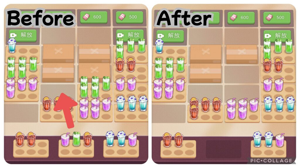 ときめきライフのパズル画面で、ダンボールを隣接ブロックを消すことで除去する様子。ガムテープの形に応じた除去回数も表示