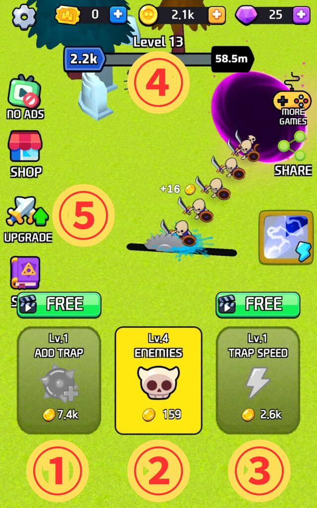 トラップモンスターの基本操作画面。各強化ボタンとステージ進行メーターの解説。