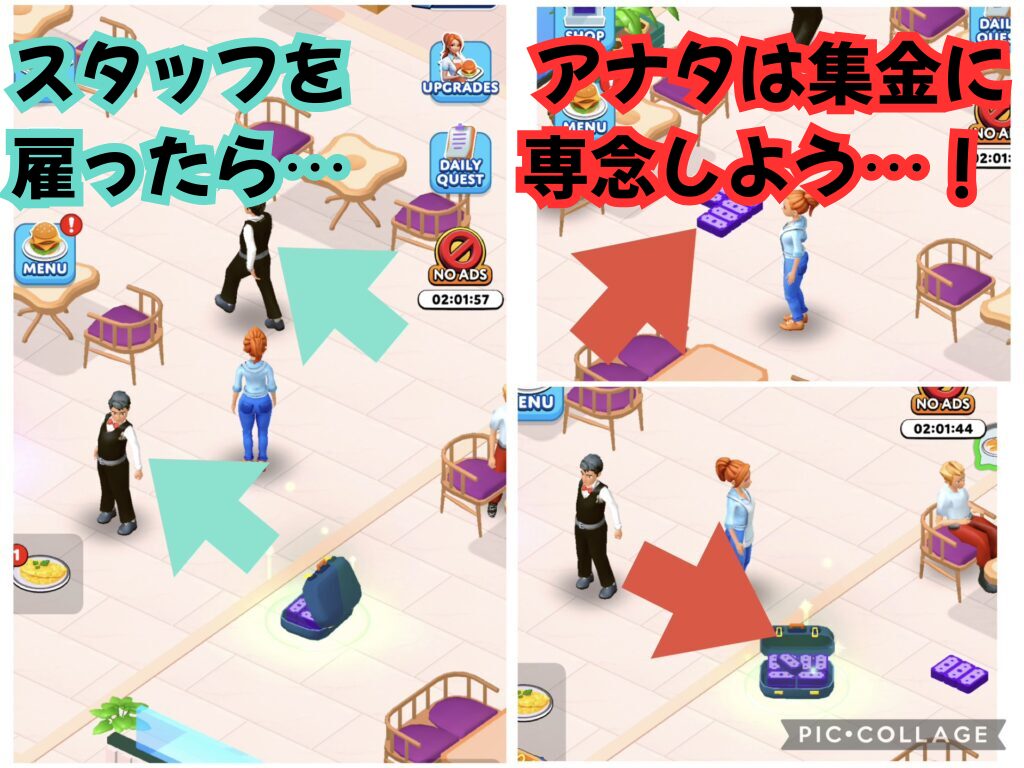 スタッフを雇用して業務を丸投げし、自分は集金に専念している様子の画像。