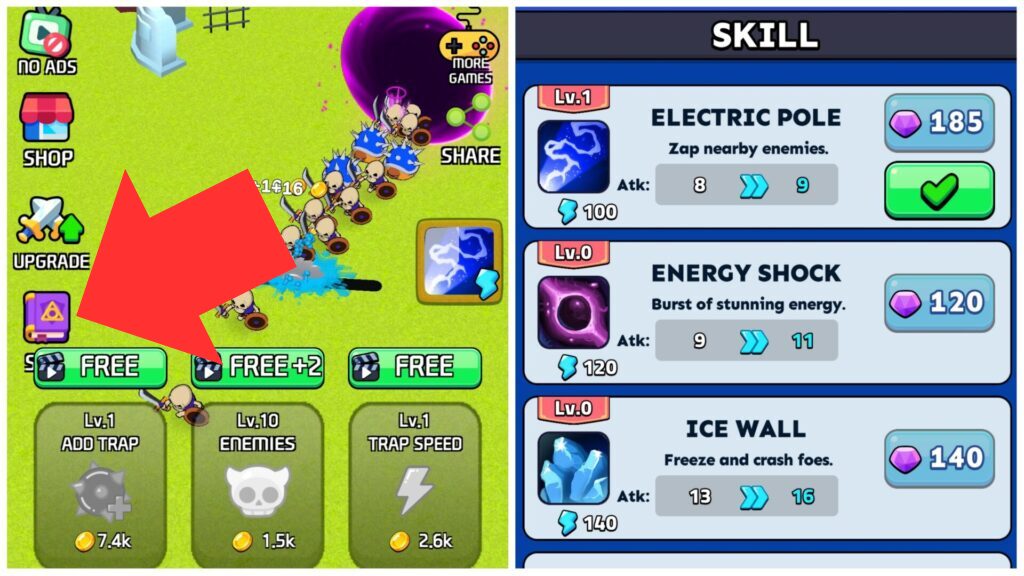 トラップモンスターのスキル強化画面。ジェムの使用を推奨しない理由の解説。