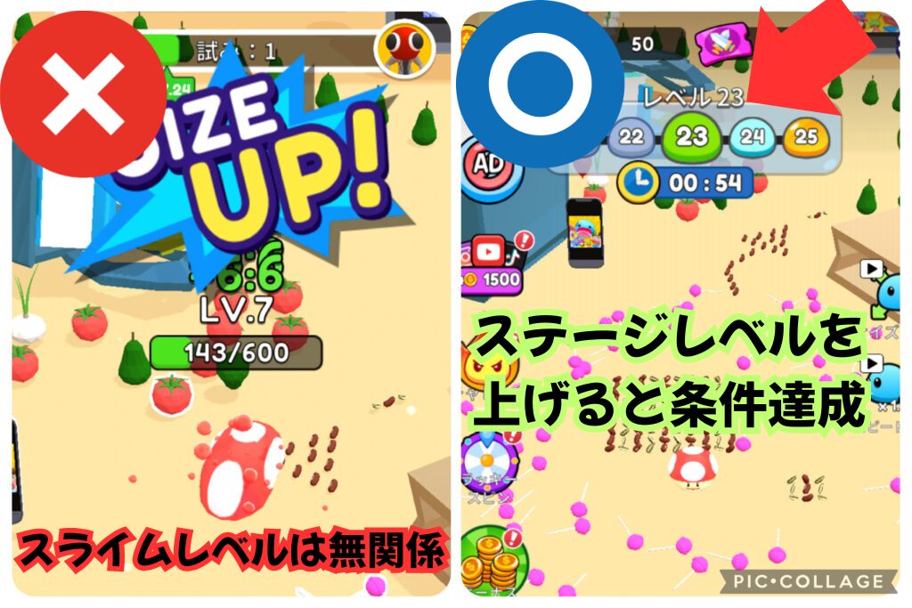 ステージ数を示す画面。レベルはステージ数でサイズレベルではないことを解説。