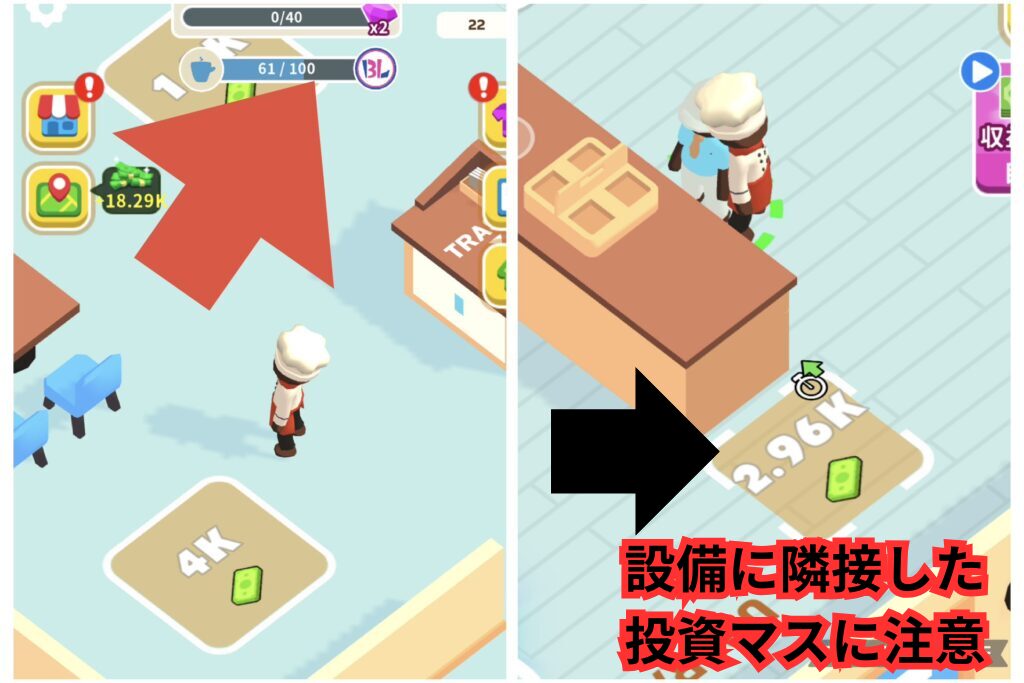 スタバタイクーンの設備投資画面。店舗内で投資マスに乗って新しい設備を設置する様子を表示。完成度メーターが増える新設と、グレードアップでは増えないことを示すスクリーンショット。