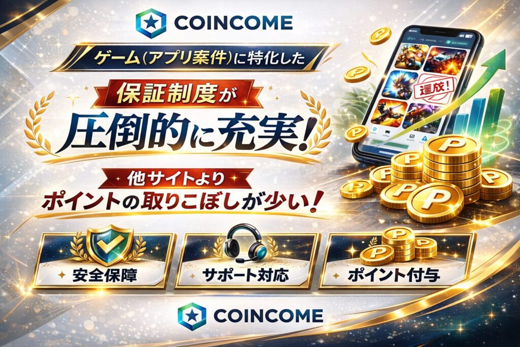 コインカムの特徴(登録した日の内に換金可能&保証が充実していてポイント取りこぼしが少ない)を図解。