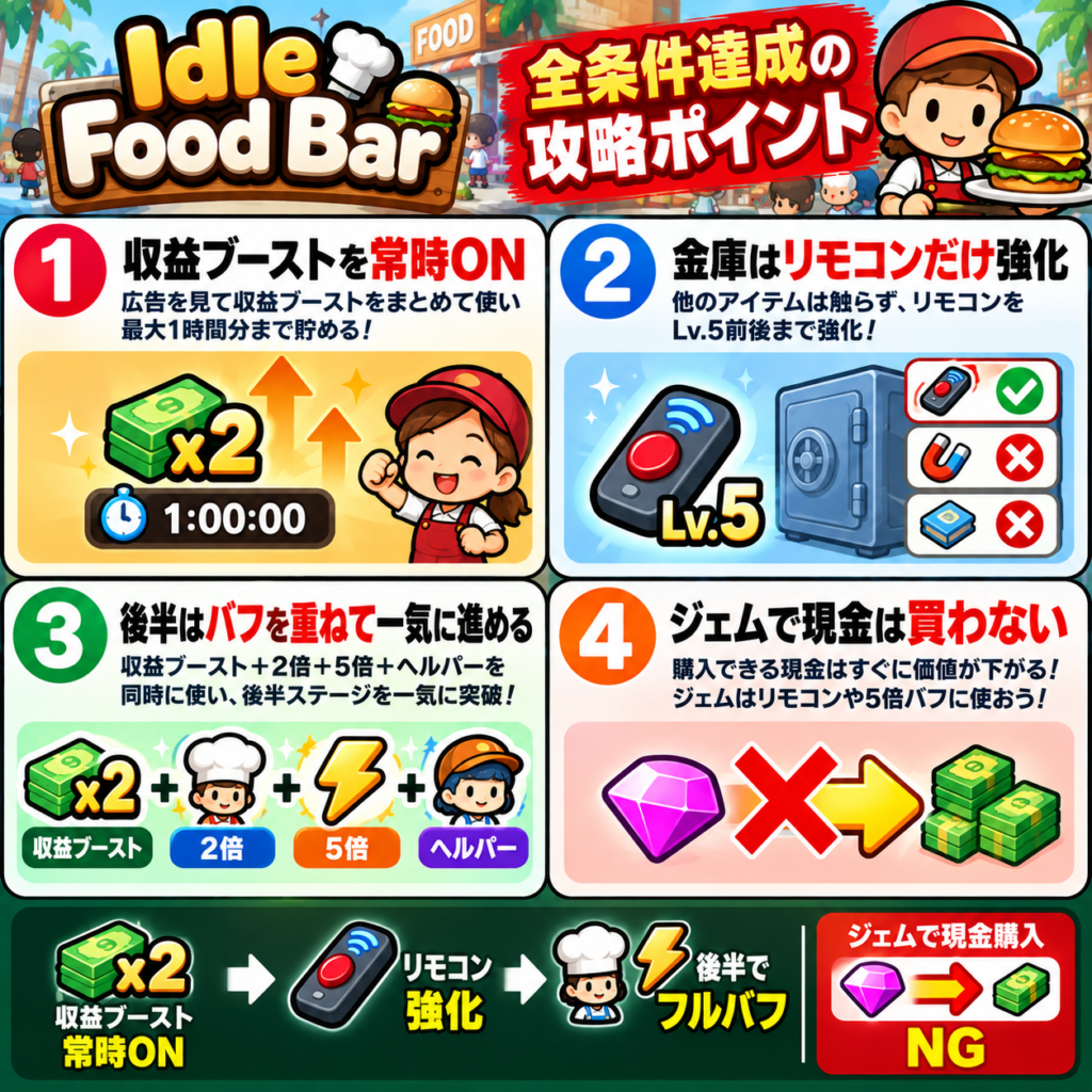 Idle Food Barの攻略要点をまとめた図解。プレイ中は広告による収益ブーストを常時有効にし、金庫はリモコンだけを強化。後半ステージでは広告ブースト・2倍・5倍・ヘルパーを重ねて一気に収益倍率を上げる。ジェムで現金を購入するのは避け、リモコンや後半の収益バフに使う。