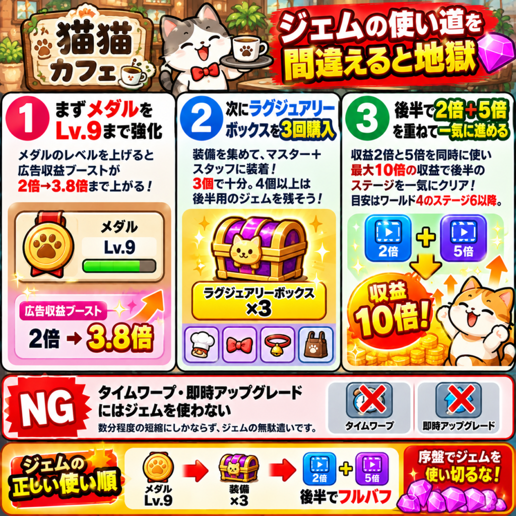 猫猫カフェのジェム最適運用をまとめた図解。まずメダルだけをLv.9まで強化して広告収益ブーストを2倍から3.8倍へ上げ、次にラグジュアリーボックスを3個購入して装備を整える。後半は2倍+5倍バフを重ねて収益10倍で一気に進め、タイムワープや即時アップグレードにはジェムを使わず、序盤で使い切らないよう温存する。