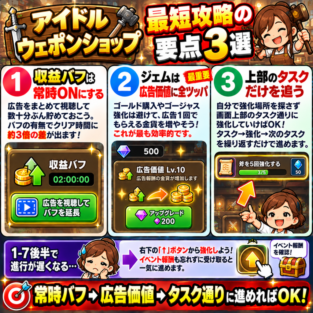 アイドルウェポンショップの最短攻略要点をまとめた図解。収益バフは広告視聴で常時有効にし、ジェムはゴールド購入やゴージャス強化ではなく宝庫の「広告価値」に集中して使用する。進行は画面上部のタスクに従って必要な強化だけ行い、1-7後半で停滞した場合は右下のアップグレード強化とイベント報酬を活用して突破する。