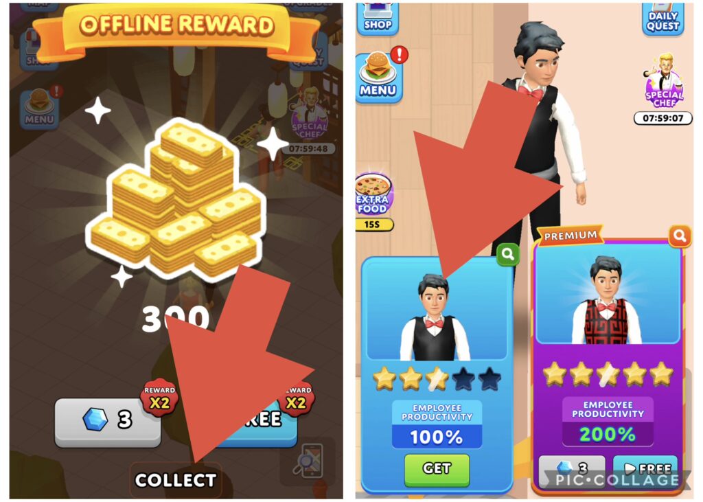 広告を視聴してはいけないオフライン報酬の受け取りとスタッフ雇用の画面