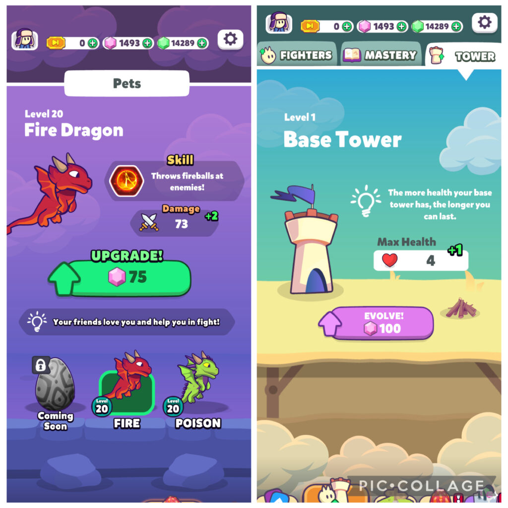 ペットのドラゴンとタワーの強化画面