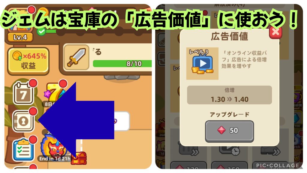 宝庫で広告価値を強化する画面。広告価値だけ強化する事を推奨している。