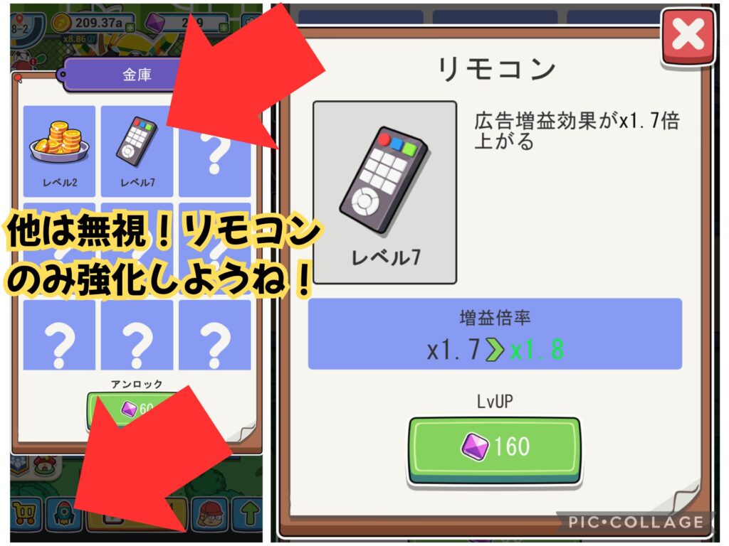 収益ブーストの倍率を上げられるリモコンの強化画面。