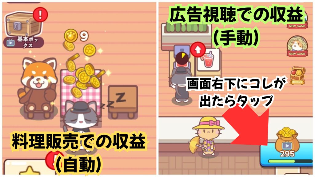 コインの獲得方法を示す画像。料理の販売で得られるコインは自動で入ってくる。広告視聴でコインを得る場合は画面右下のタブをタップ。