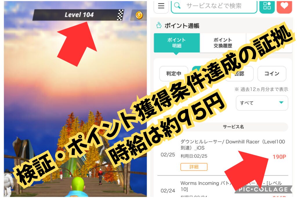 検証した・ポイント獲得条件を達成した証拠となるゲーム内画像(Lv100到達)とポイント獲得条件を達成した証拠のポイント通帳の画像。