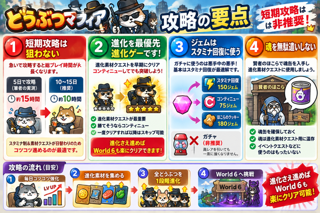 「どうぶつマフィア」のポイ活攻略要点をまとめた図解。短期攻略は総プレイ時間が増えるため10～15日程度かけてコツコツ進める。最重要なのはどうぶつの進化で、進化素材クエストはコンティニューしてでも早期クリアし、一度クリアしたらスキップ周回する。ジェムはガチャではなくスタミナ回復などに使用。賢者のほこらで魂缶を確保し、貴重な魂は進化素材クエスト用に温存する。毎日強化と素材集めを続け、全どうぶつを1段階進化させればWorld 6攻略が大幅に楽になる。