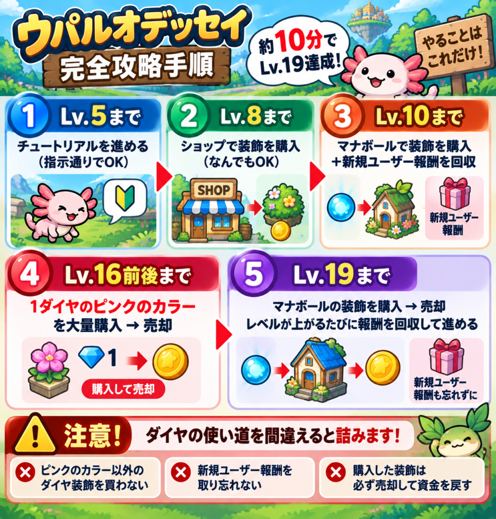 ウパルオデッセイでLv19を最短攻略する手順をまとめた図解。Lv5まではチュートリアル通りに進め、Lv8までは適当な装飾を購入。Lv10まではマナボールで装飾を買い、新規ユーザー成長報酬を回収する。Lv10以降は1ダイヤの「ピンクのカラー」を大量購入して売却し、Lv16前後まで一気に上げる。その後も装飾の購入・売却と報酬回収を繰り返してLv19を目指す。ダイヤの使い道を間違えると詰むため注意。