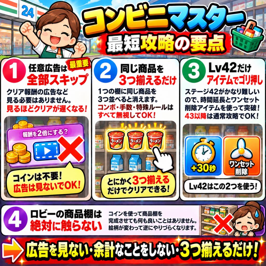 コンビニマスターLv50の最短攻略をまとめた図解。任意広告はすべてスキップし、パズルは同じ商品を1つの棚に3つ揃えることだけ意識する。難所のLv42のみ時間延長30秒とワンセット削除アイテムを使い、43以降は通常攻略で進める。ロビーの商品棚には触れずコインを温存し、余計な要素を無視してLv50を目指す。