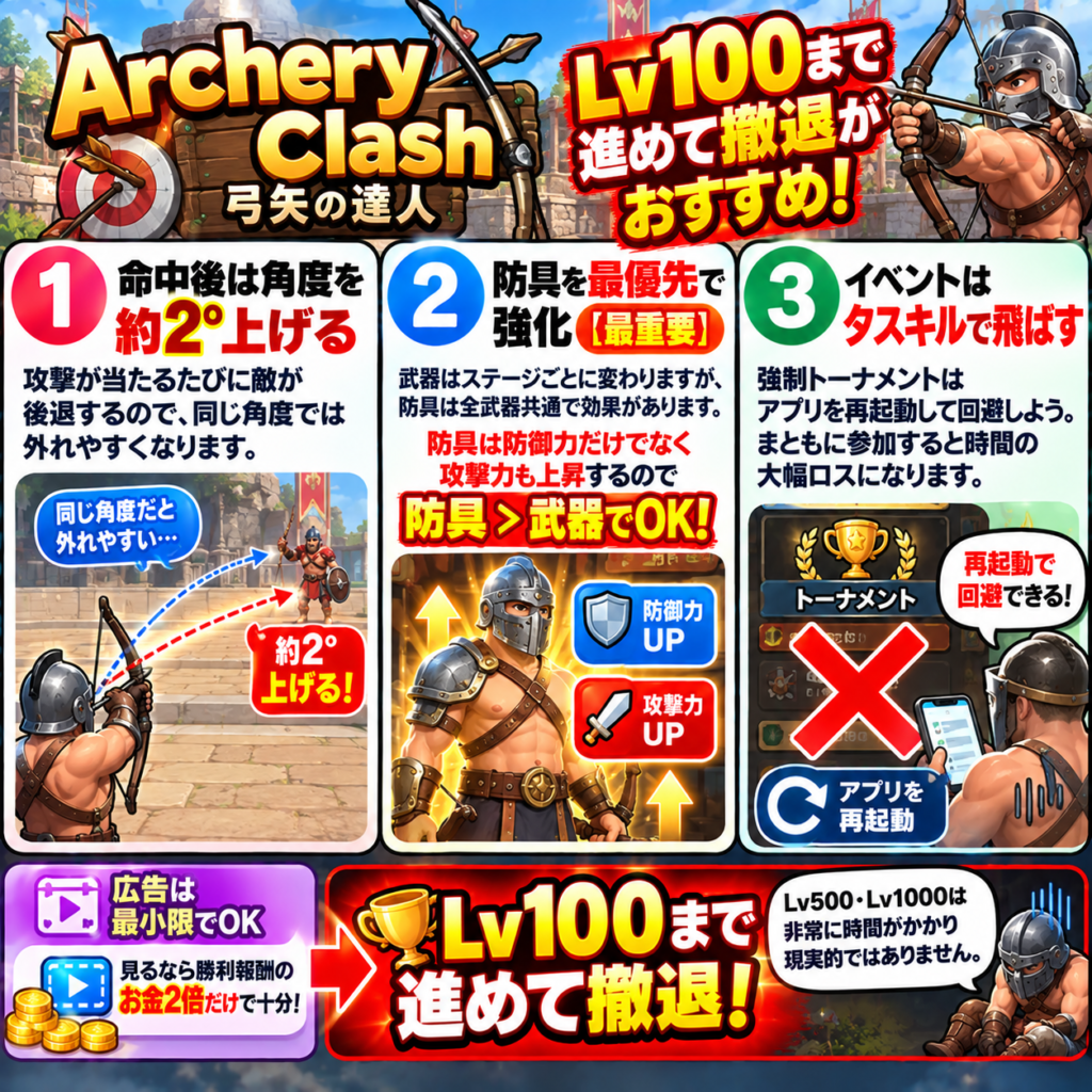 Archery Clash（弓矢の達人）の効率的な進め方をまとめた図解。攻撃が命中した次のターンは敵が後退するため角度を約2度上げて狙い、防具は全武器共通で攻撃力も上がるため武器より優先して強化する。強制トーナメントイベントはアプリ再起動で回避し、勝利報酬ではお金2倍広告だけを優先。Lv100到達後は効率が大きく落ちるため撤退を推奨する。