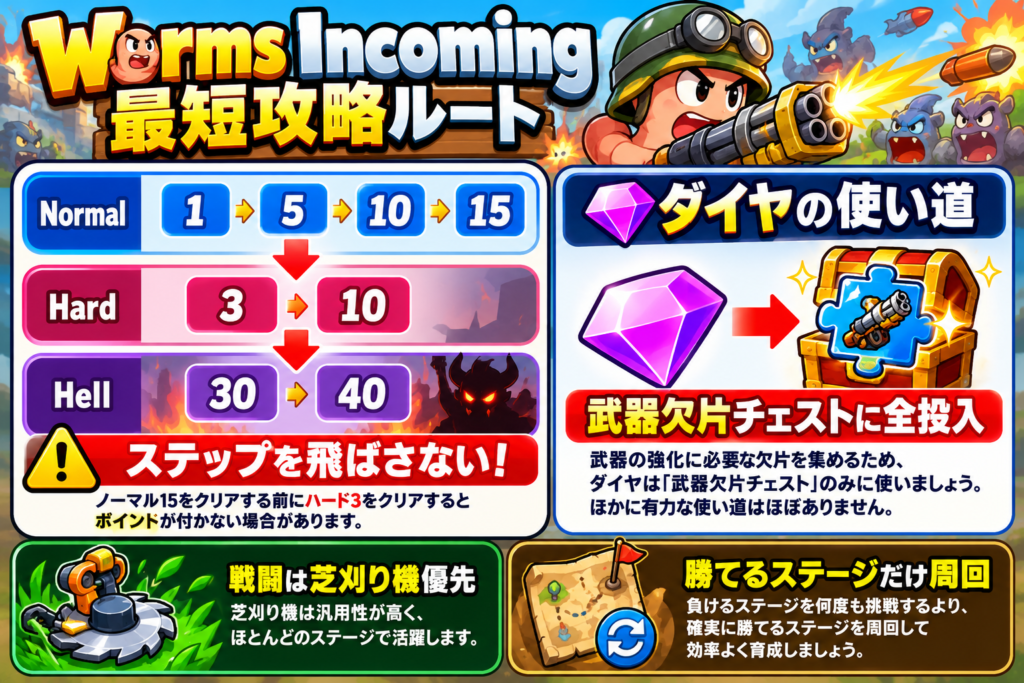 Worms Incomingの最短攻略ルートをまとめた図解。成果条件はNormal1→5→10→15→Hard3→10の順番を守り、途中のステップを飛ばさない。ダイヤは武器強化用の欠片を集める「武器欠片チェスト」に集中して使い、戦闘では汎用性の高い芝刈り機を優先。勝てないステージに何度も挑まず、確実に勝てるステージを周回して育成する。