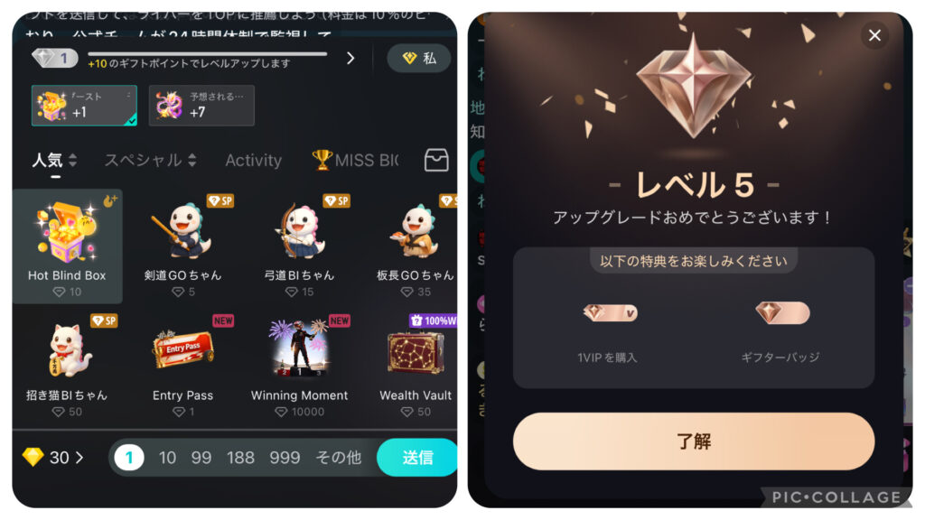 ギフトの送り方を示す画像と、ギフト送信でLv.5になっている場面