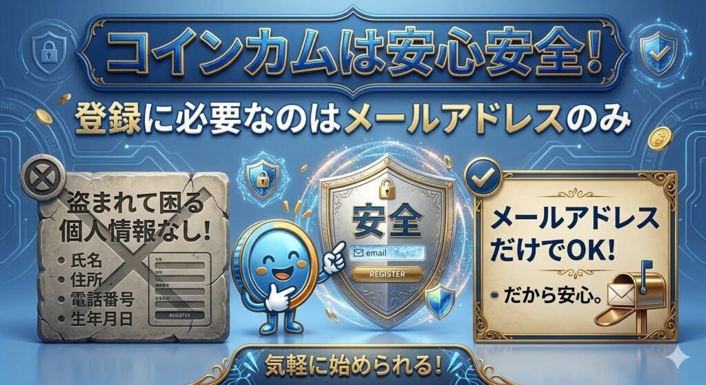 コインカムが安心安全な理由の図解（メールアドレスだけで登録可能でその他の個人情報を一切必要としない事の図解）